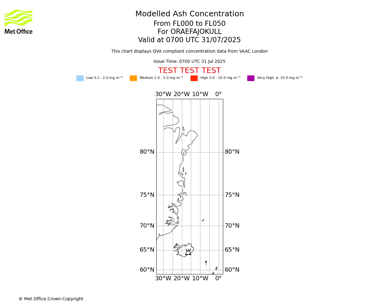 Modelled ash concentration from 000 to 050 for ORAEFAJOKULL. Valid at 0700 UTC 31/07/2025