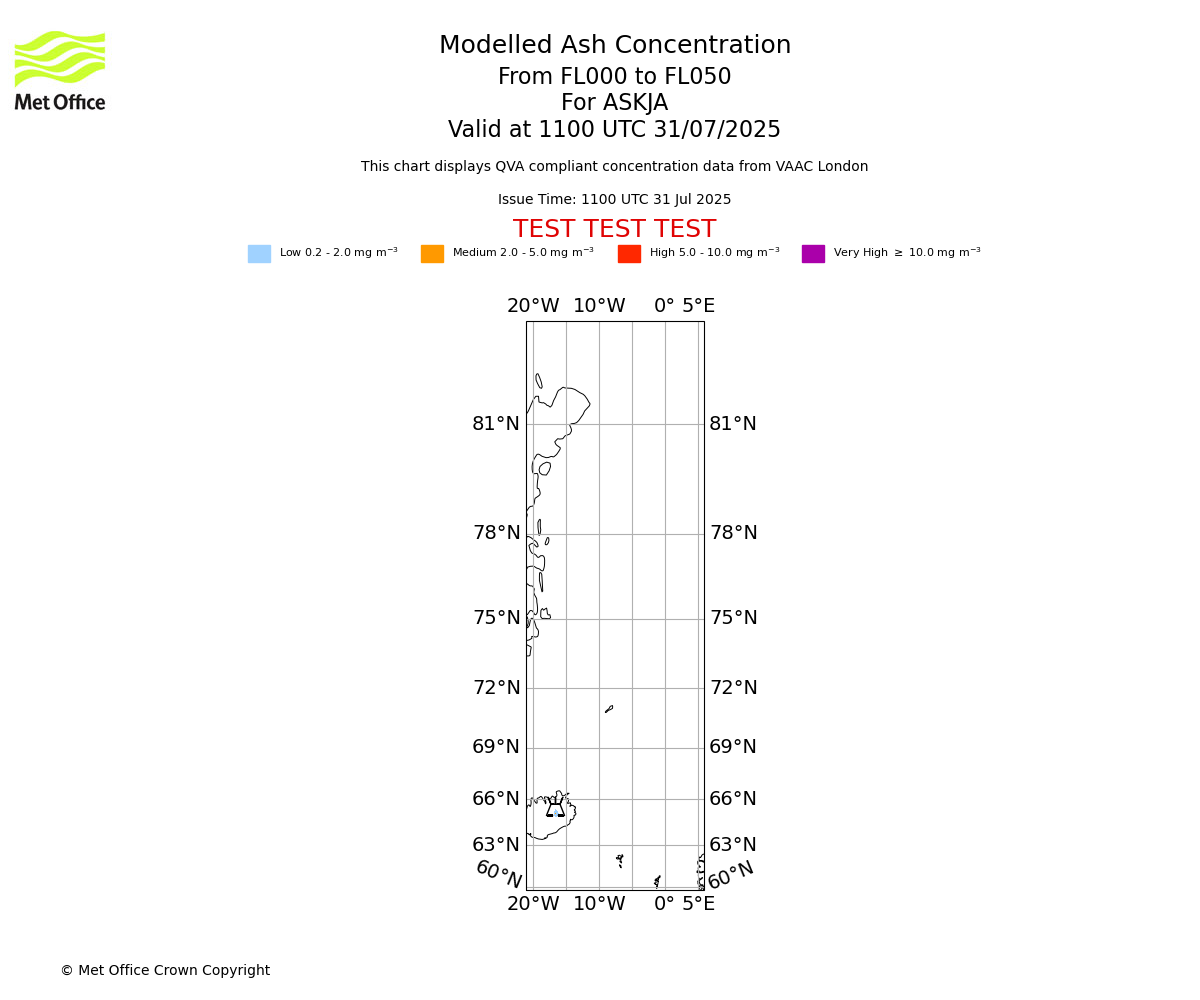 Modelled ash concentration from 000 to 050 for ASKJA. Valid at 1100 UTC 31/07/2025
