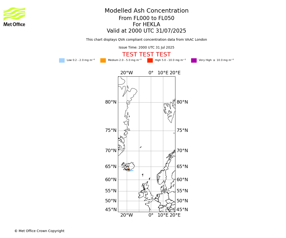 Modelled ash concentration from 000 to 050 for HEKLA. Valid at 2000 UTC 31/07/2025