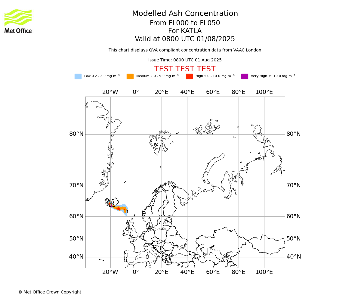 Modelled ash concentration from 000 to 050 for KATLA. Valid at 0800 UTC 01/08/2025