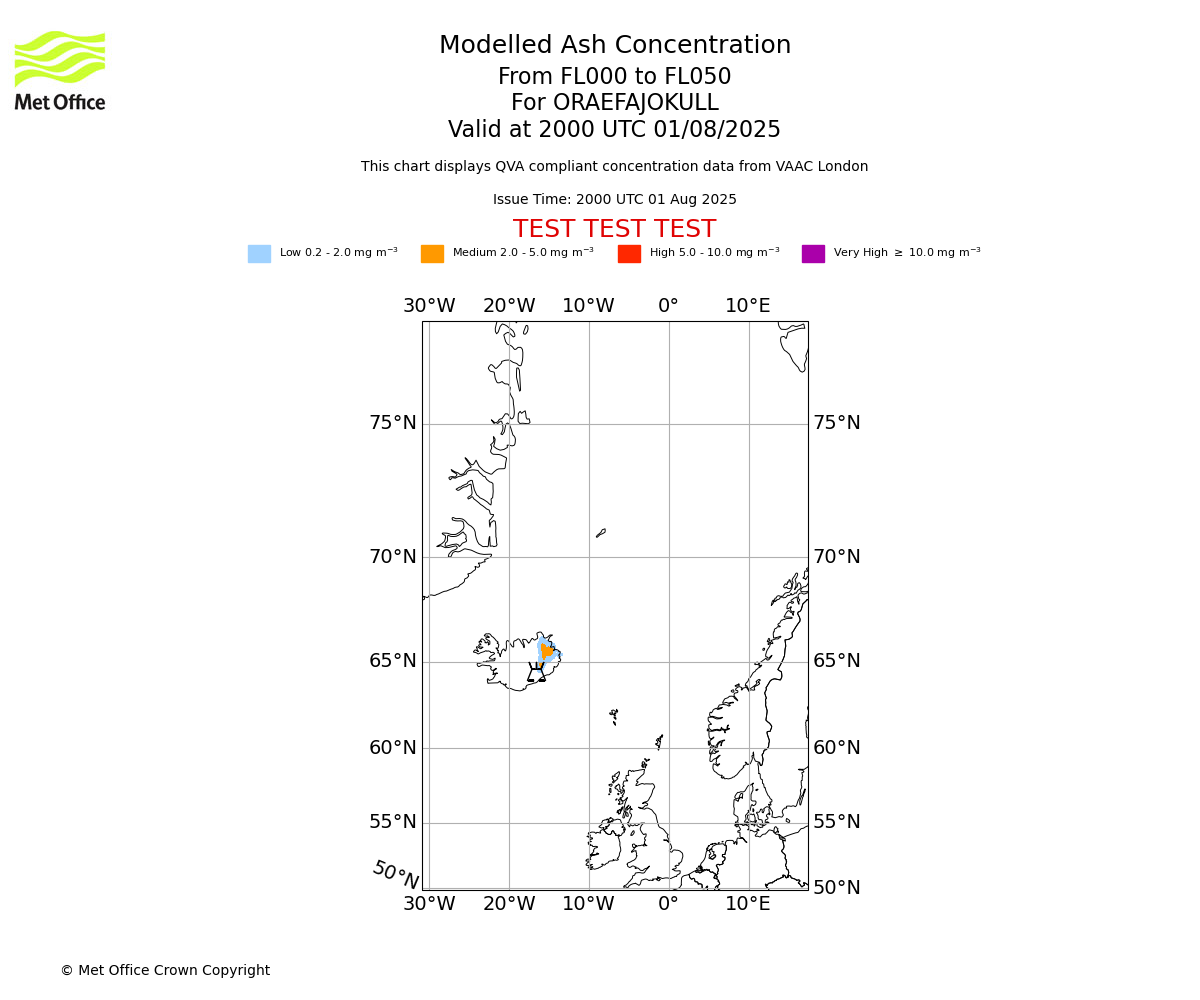 Modelled ash concentration from 000 to 050 for ORAEFAJOKULL. Valid at 2000 UTC 01/08/2025