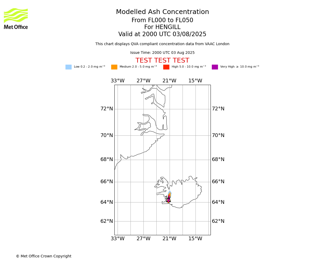Modelled ash concentration from 000 to 050 for HENGILL. Valid at 2000 UTC 03/08/2025