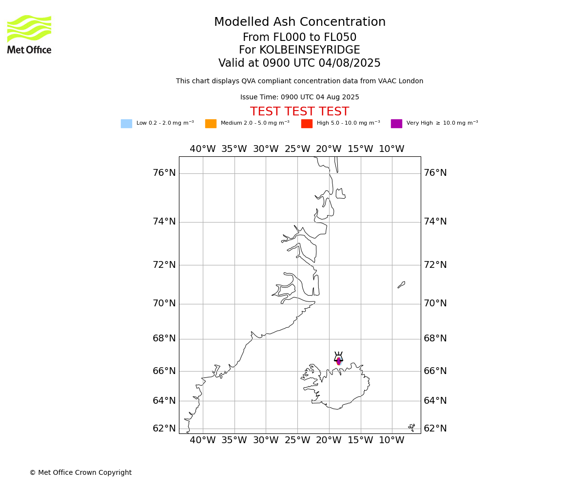 Modelled ash concentration from 000 to 050 for KOLBEINSEYRIDGE. Valid at 0900 UTC 04/08/2025