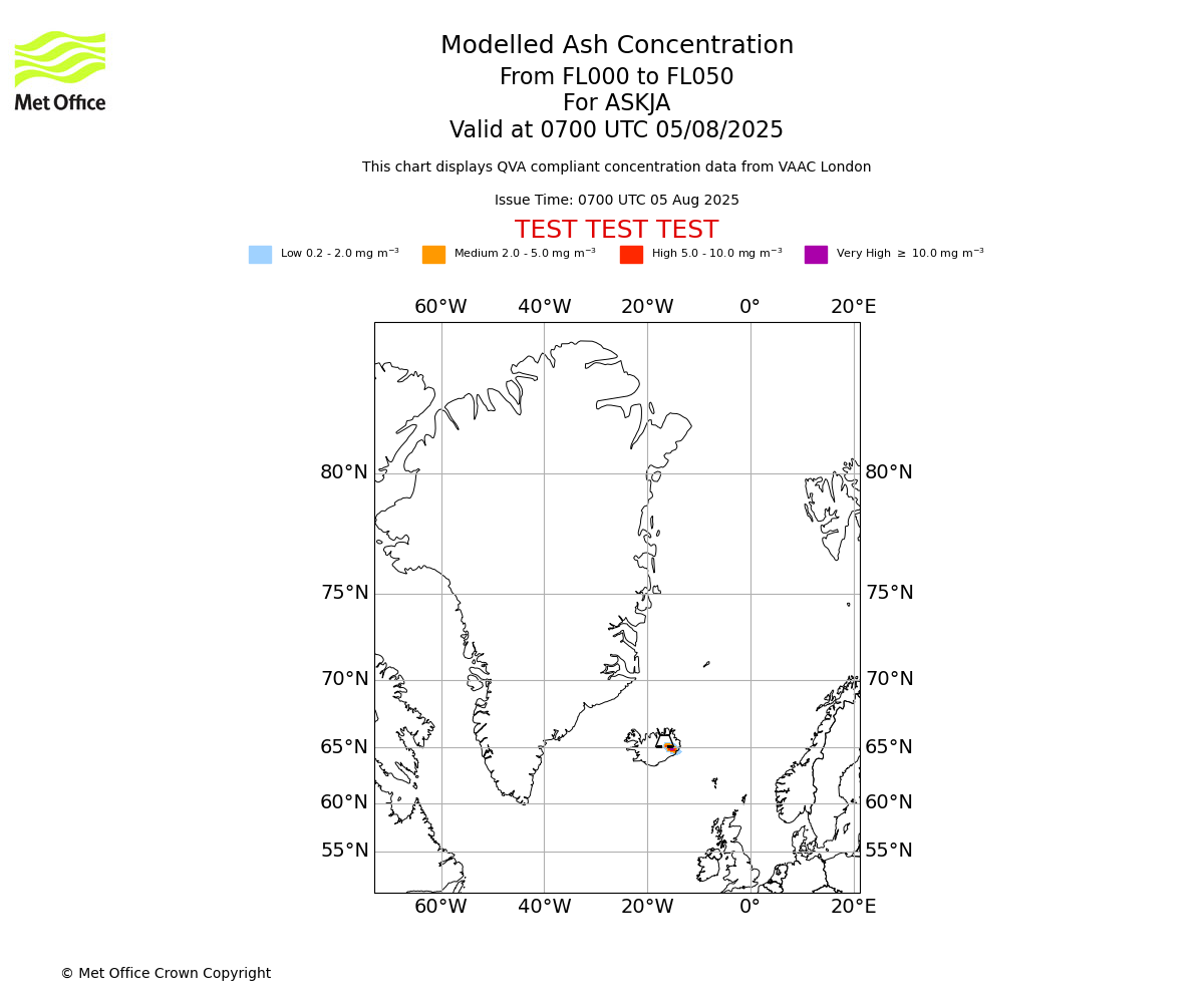 Modelled ash concentration from 000 to 050 for ASKJA. Valid at 0700 UTC 05/08/2025