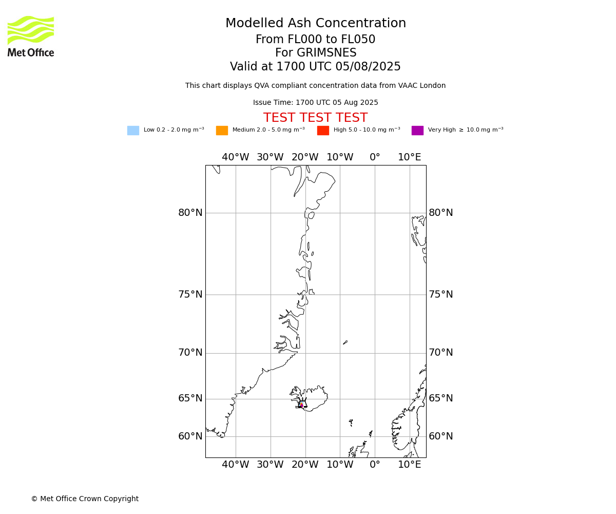 Modelled ash concentration from 000 to 050 for GRIMSNES. Valid at 1700 UTC 05/08/2025