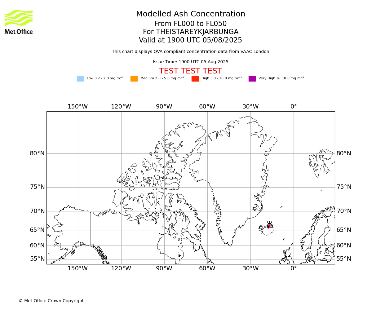 Modelled ash concentration from 000 to 050 for THEISTAREYKJARBUNGA. Valid at 1900 UTC 05/08/2025