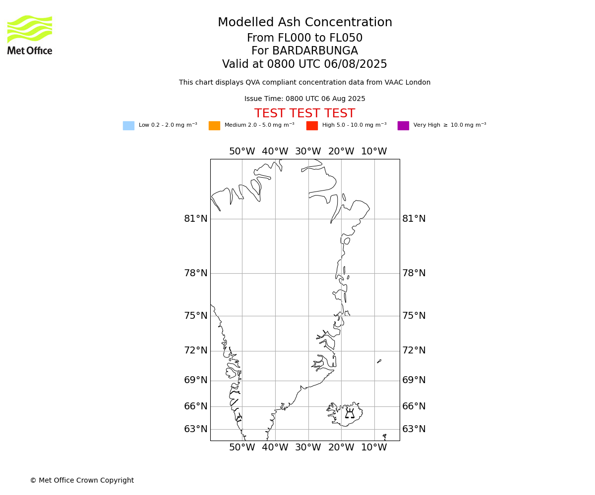 Modelled ash concentration from 000 to 050 for BARDARBUNGA. Valid at 0800 UTC 06/08/2025