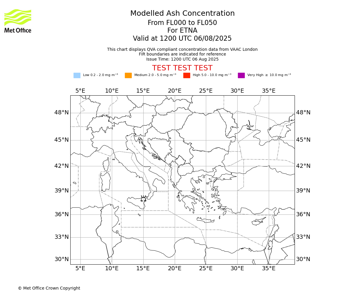 Modelled ash concentration from 000 to 050 for ETNA. Valid at 1200 UTC 06/08/2025