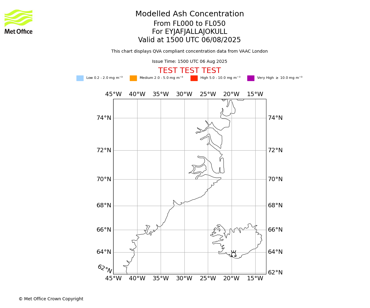 Modelled ash concentration from 000 to 050 for EYJAFJALLAJOKULL. Valid at 1500 UTC 06/08/2025