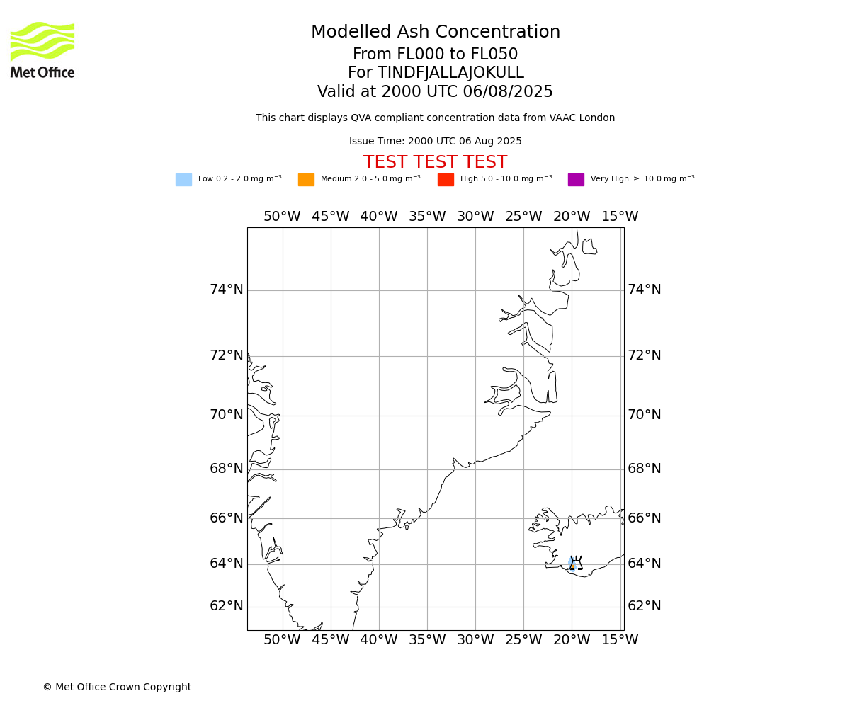 Modelled ash concentration from 000 to 050 for TINDFJALLAJOKULL. Valid at 2000 UTC 06/08/2025
