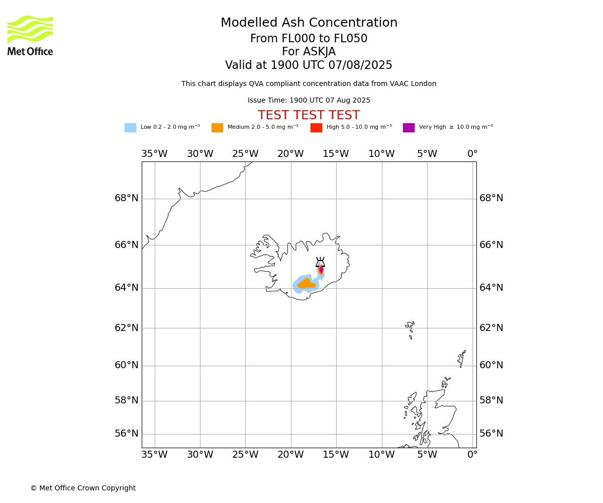 Modelled ash concentration from 000 to 050 for ASKJA. Valid at 1900 UTC 07/08/2025