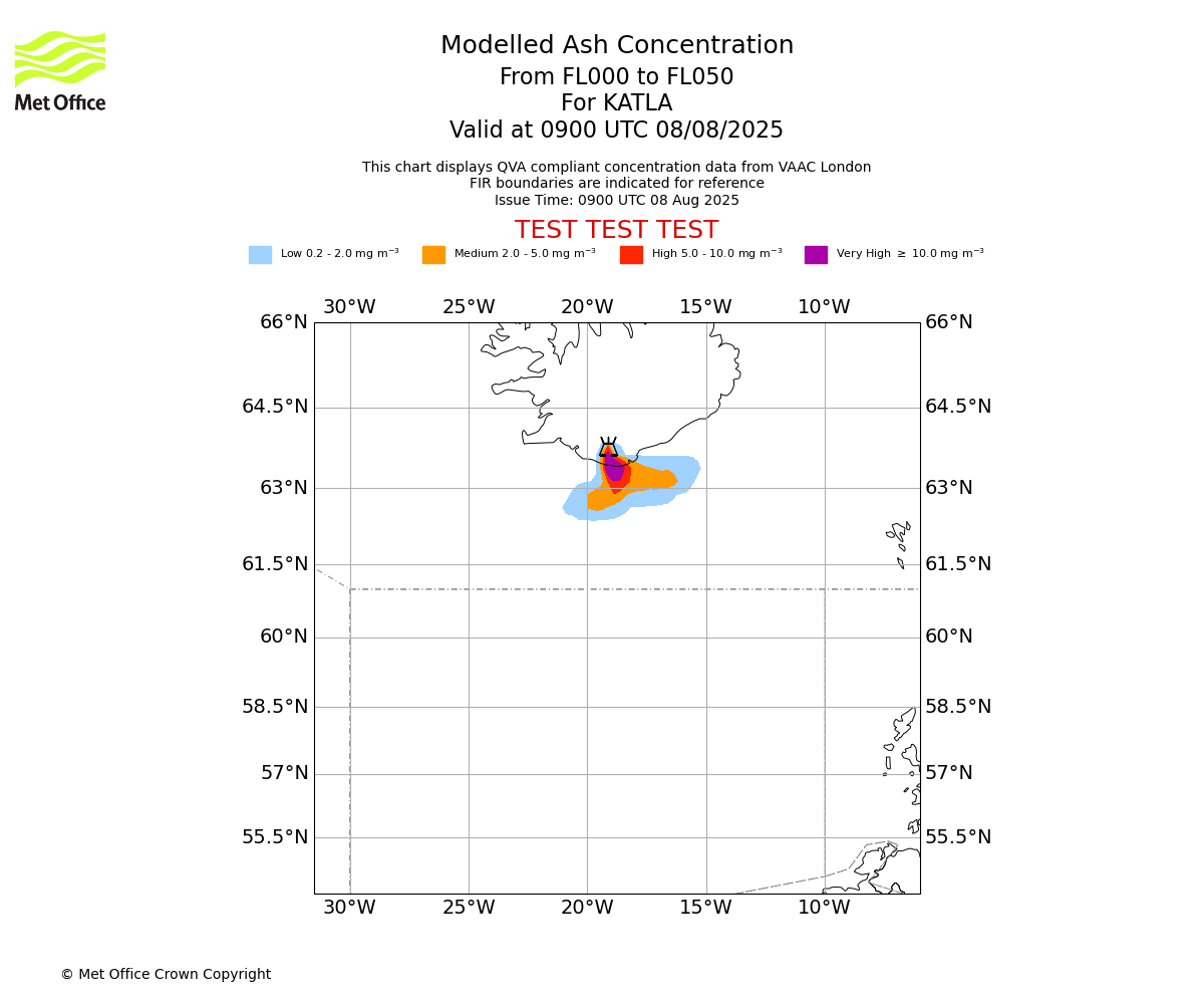 Modelled ash concentration from 000 to 050 for KATLA. Valid at 0900 UTC 08/08/2025
