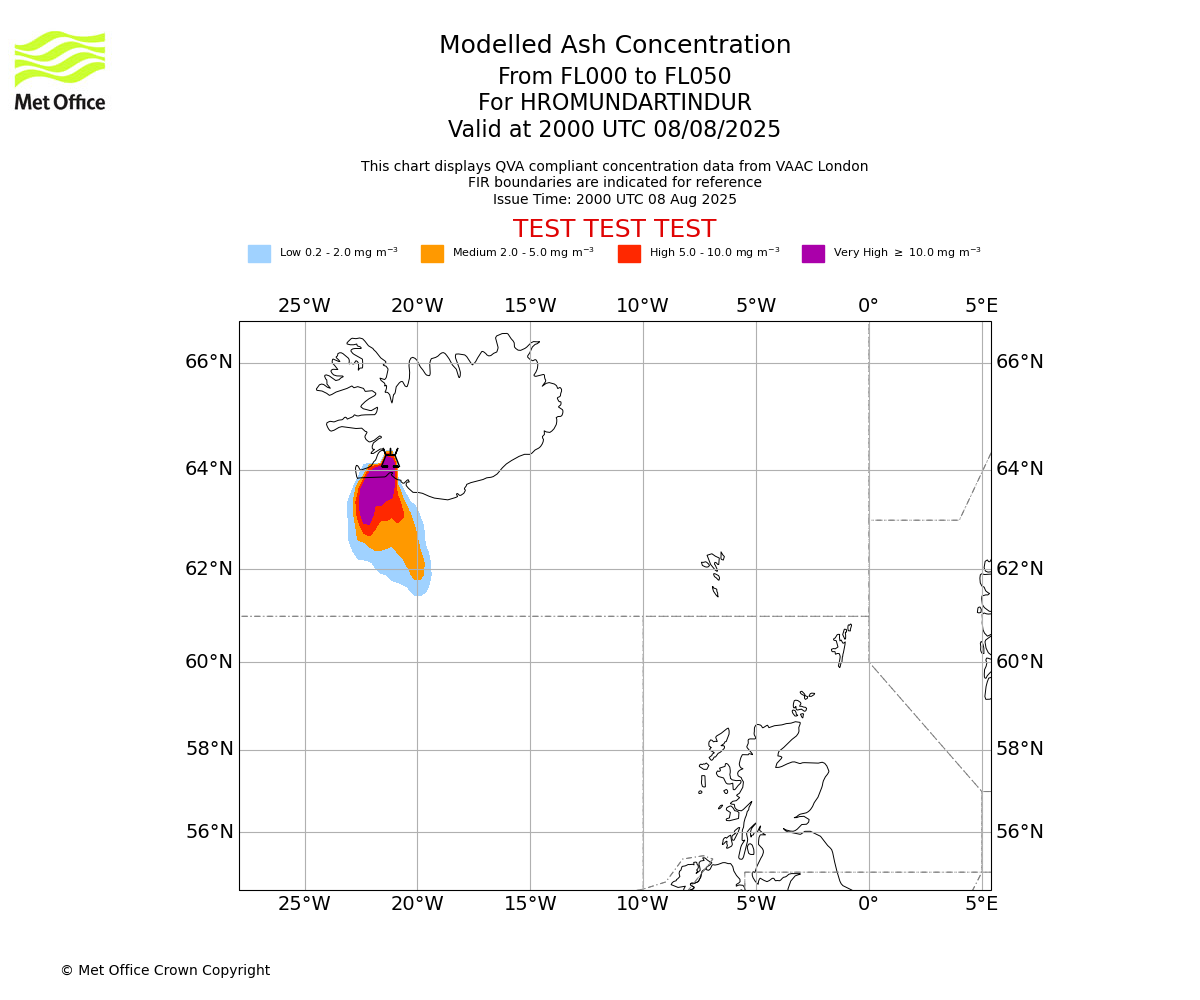 Modelled ash concentration from 000 to 050 for HROMUNDARTINDUR. Valid at 2000 UTC 08/08/2025