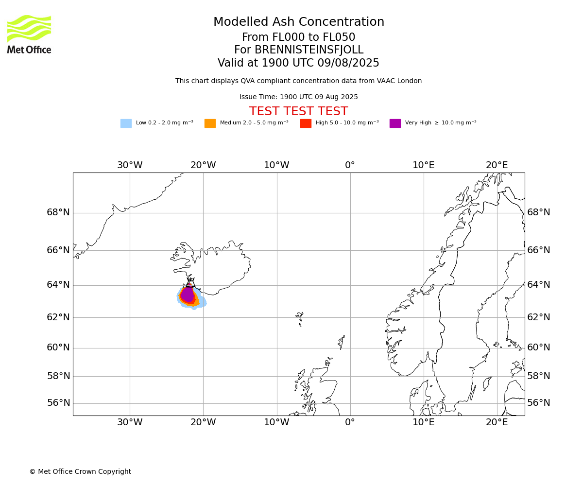 Modelled ash concentration from 000 to 050 for BRENNISTEINSFJOLL. Valid at 1900 UTC 09/08/2025