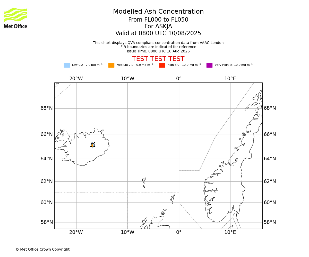 Modelled ash concentration from 000 to 050 for ASKJA. Valid at 0800 UTC 10/08/2025
