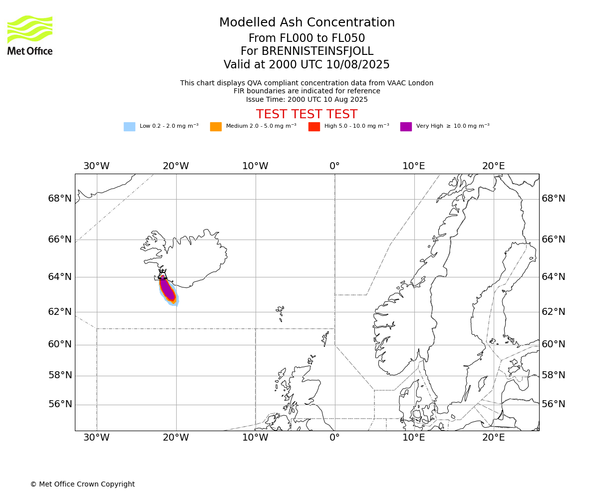 Modelled ash concentration from 000 to 050 for BRENNISTEINSFJOLL. Valid at 2000 UTC 10/08/2025