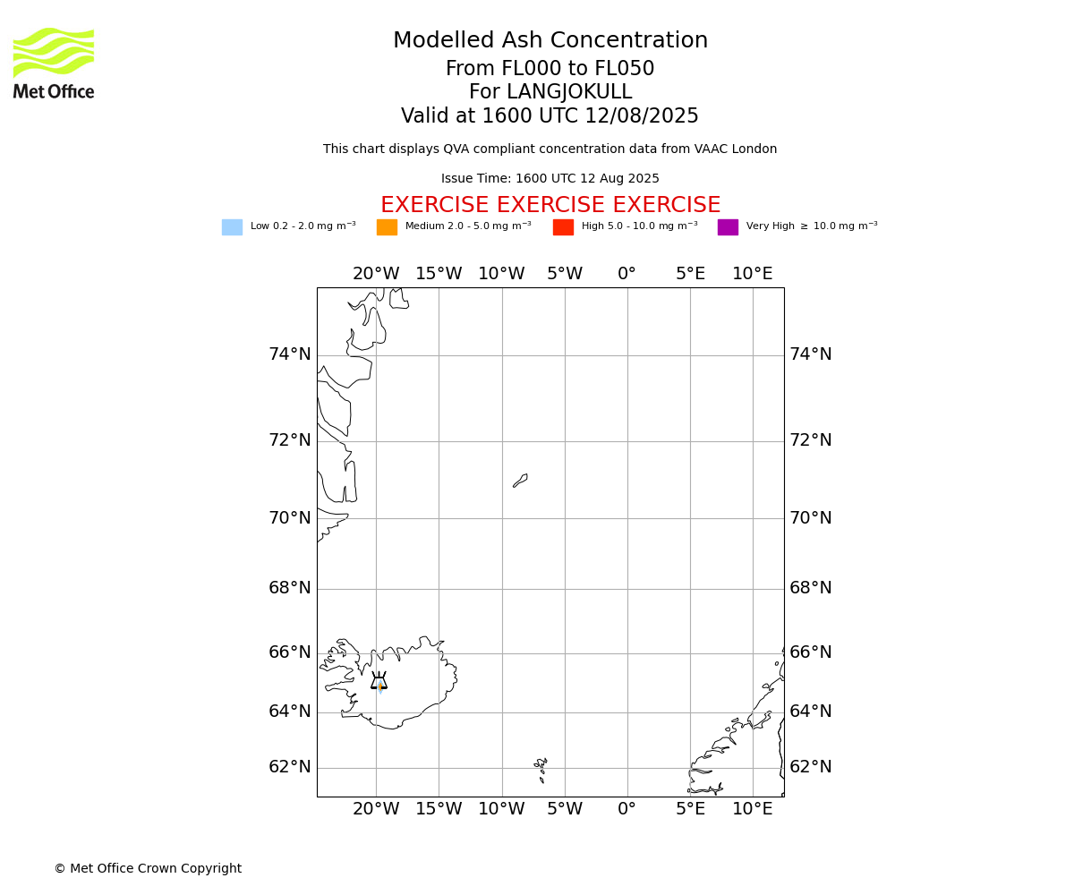 Modelled ash concentration from 000 to 050 for LANGJOKULL. Valid at 1600 UTC 12/08/2025