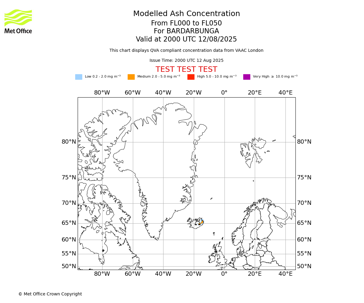Modelled ash concentration from 000 to 050 for BARDARBUNGA. Valid at 2000 UTC 12/08/2025