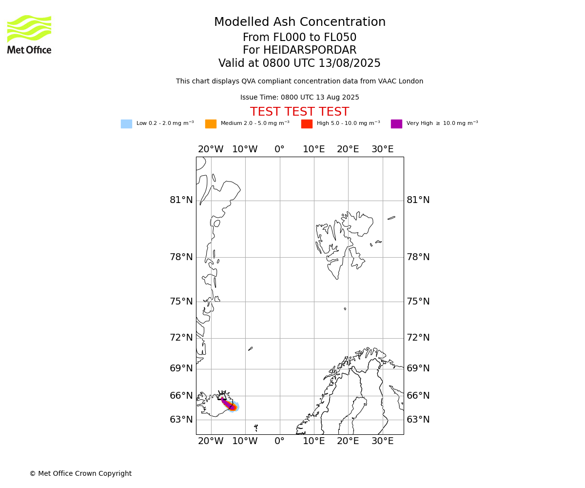 Modelled ash concentration from 000 to 050 for HEIDARSPORDAR. Valid at 0800 UTC 13/08/2025