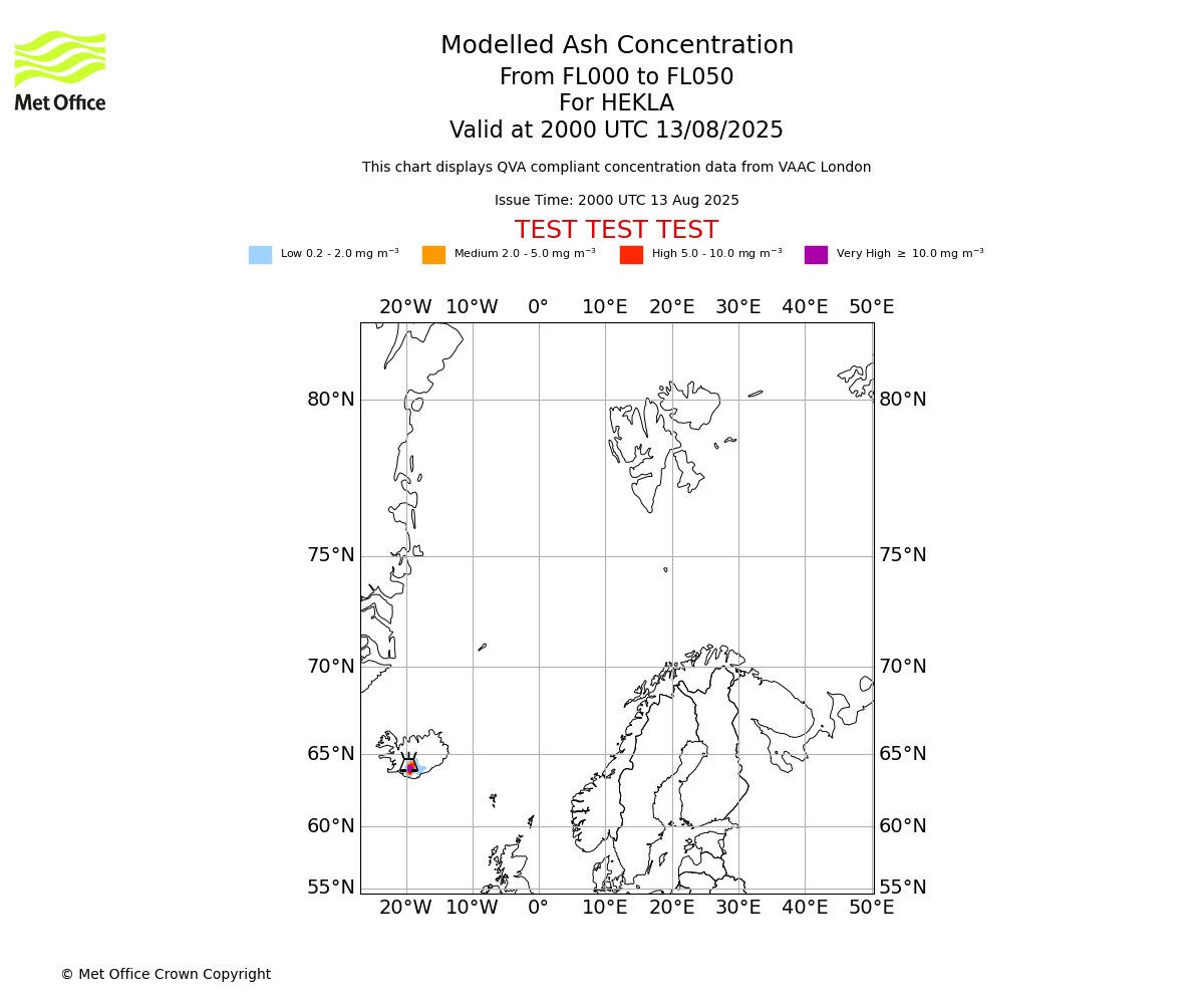 Modelled ash concentration from 000 to 050 for HEKLA. Valid at 2000 UTC 13/08/2025