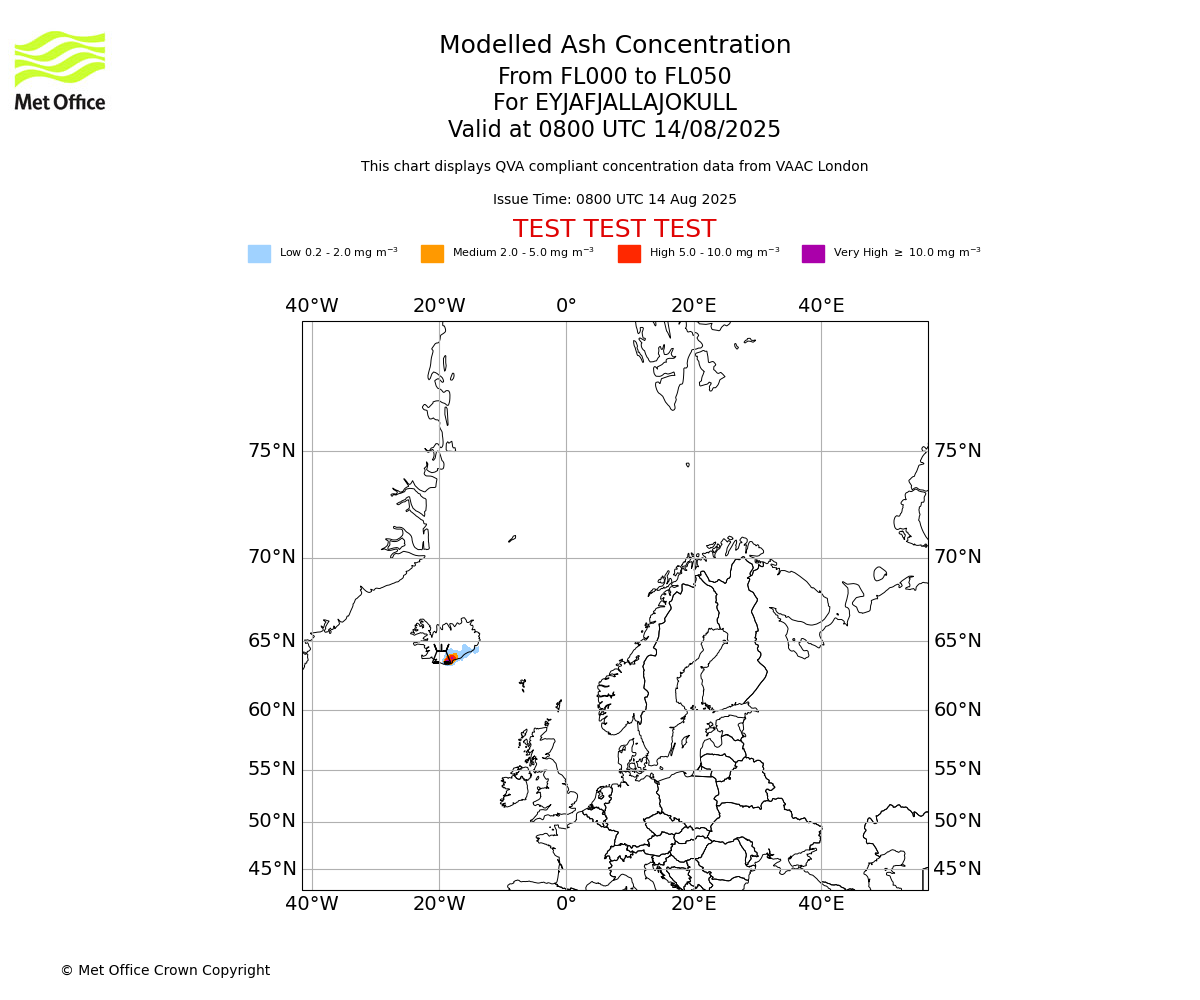 Modelled ash concentration from 000 to 050 for EYJAFJALLAJOKULL. Valid at 0800 UTC 14/08/2025