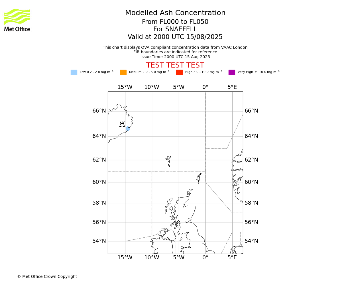 Modelled ash concentration from 000 to 050 for SNAEFELL. Valid at 2000 UTC 15/08/2025