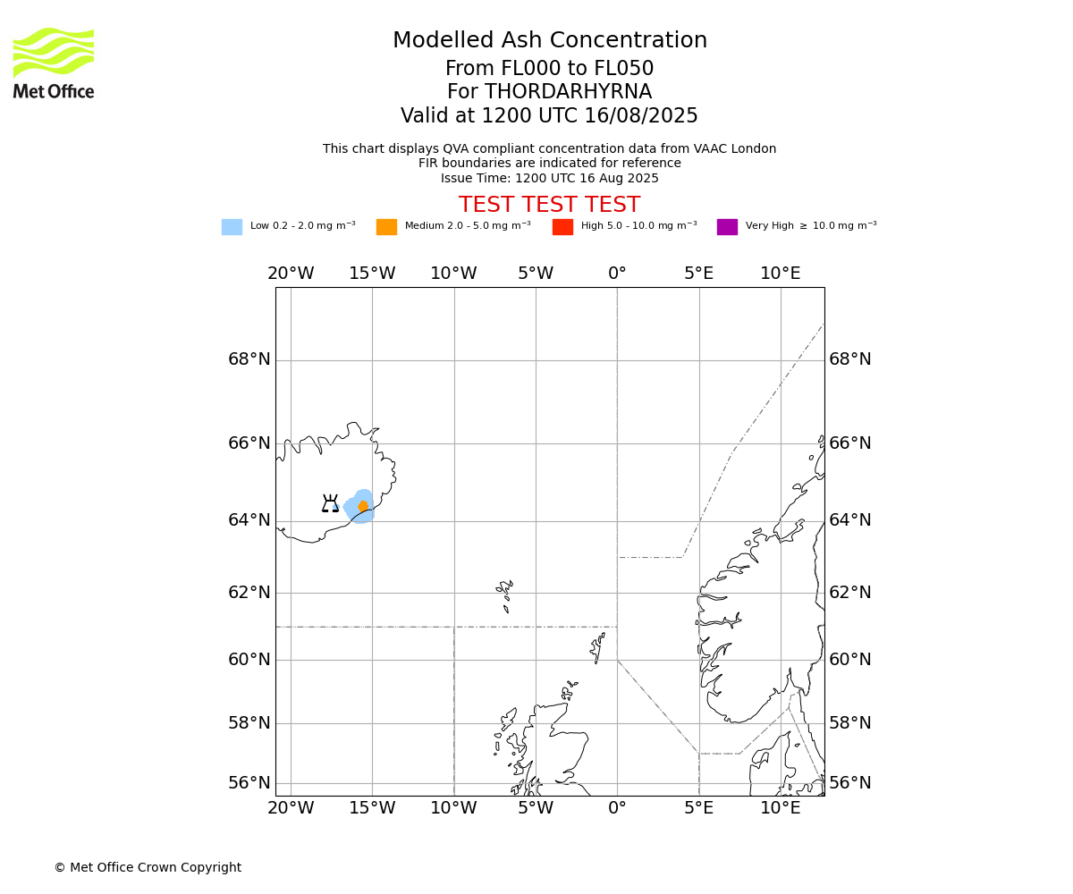 Modelled ash concentration from 000 to 050 for THORDARHYRNA. Valid at 1200 UTC 16/08/2025