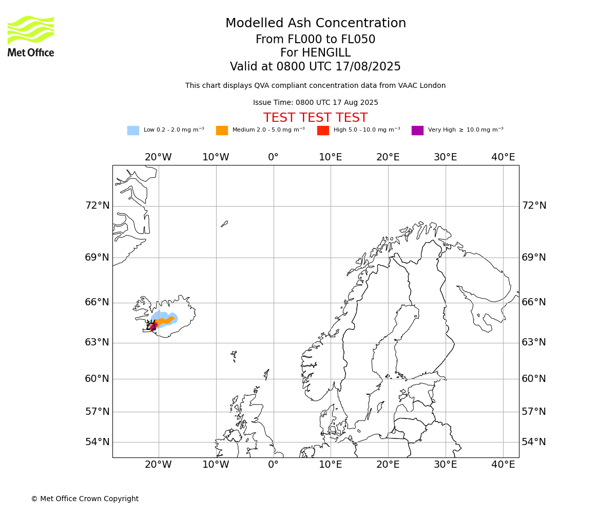 Modelled ash concentration from 000 to 050 for HENGILL. Valid at 0800 UTC 17/08/2025