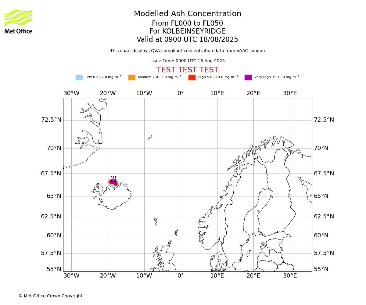 Modelled ash concentration from 000 to 050 for KOLBEINSEYRIDGE. Valid at 0900 UTC 18/08/2025