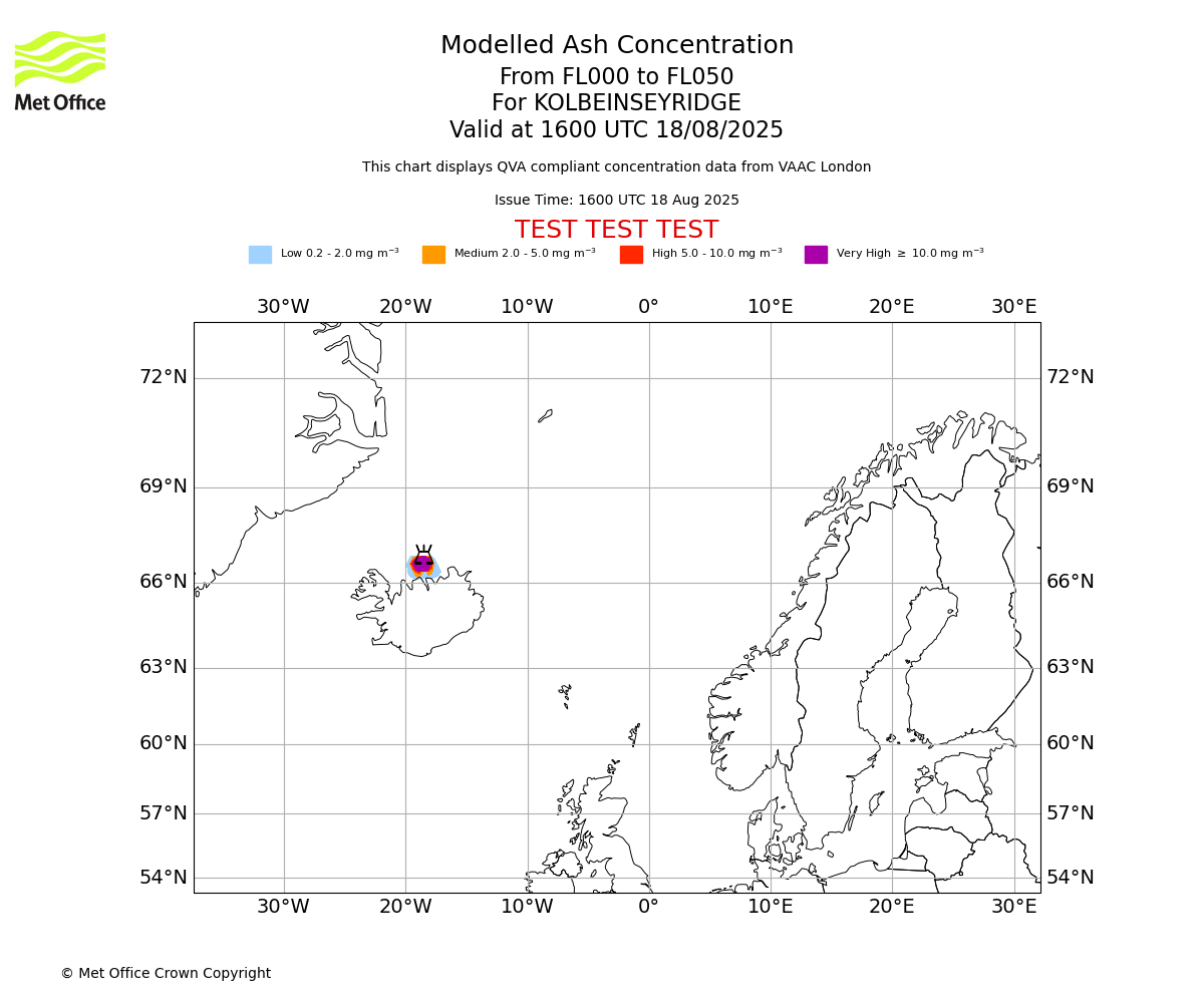 Modelled ash concentration from 000 to 050 for KOLBEINSEYRIDGE. Valid at 1600 UTC 18/08/2025