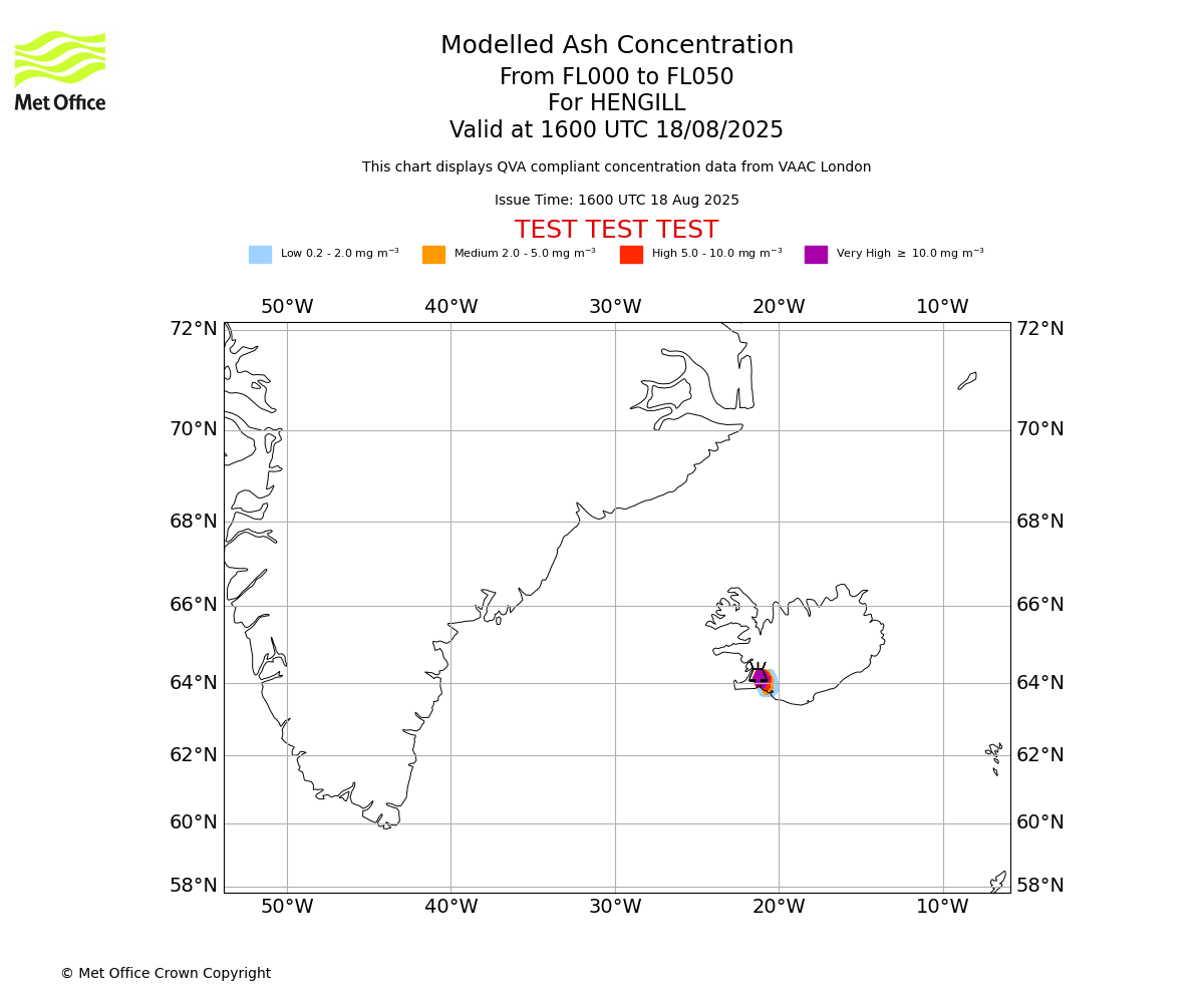 Modelled ash concentration from 000 to 050 for HENGILL. Valid at 1600 UTC 18/08/2025