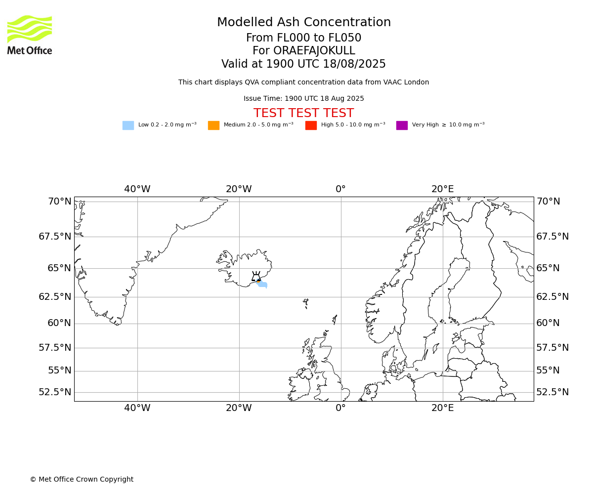 Modelled ash concentration from 000 to 050 for ORAEFAJOKULL. Valid at 1900 UTC 18/08/2025