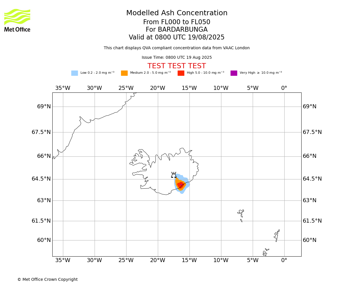 Modelled ash concentration from 000 to 050 for BARDARBUNGA. Valid at 0800 UTC 19/08/2025