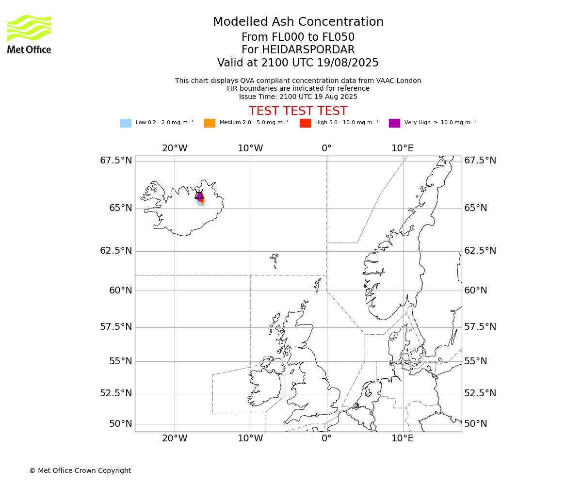 Modelled ash concentration from 000 to 050 for HEIDARSPORDAR. Valid at 2100 UTC 19/08/2025