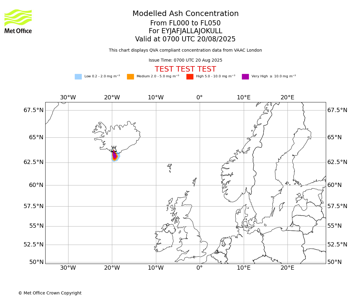 Modelled ash concentration from 000 to 050 for EYJAFJALLAJOKULL. Valid at 0700 UTC 20/08/2025