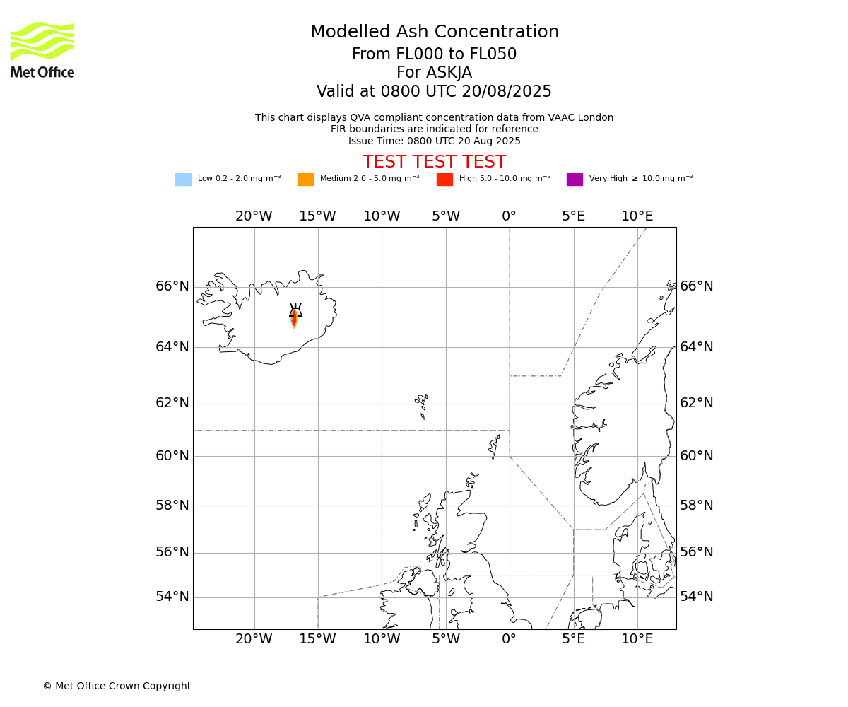 Modelled ash concentration from 000 to 050 for ASKJA. Valid at 0800 UTC 20/08/2025