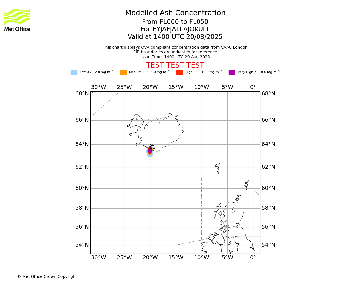 Modelled ash concentration from 000 to 050 for EYJAFJALLAJOKULL. Valid at 1400 UTC 20/08/2025