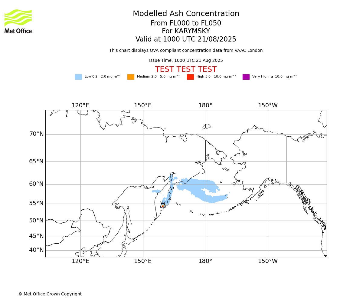 Modelled ash concentration from 000 to 050 for KARYMSKY. Valid at 1000 UTC 21/08/2025