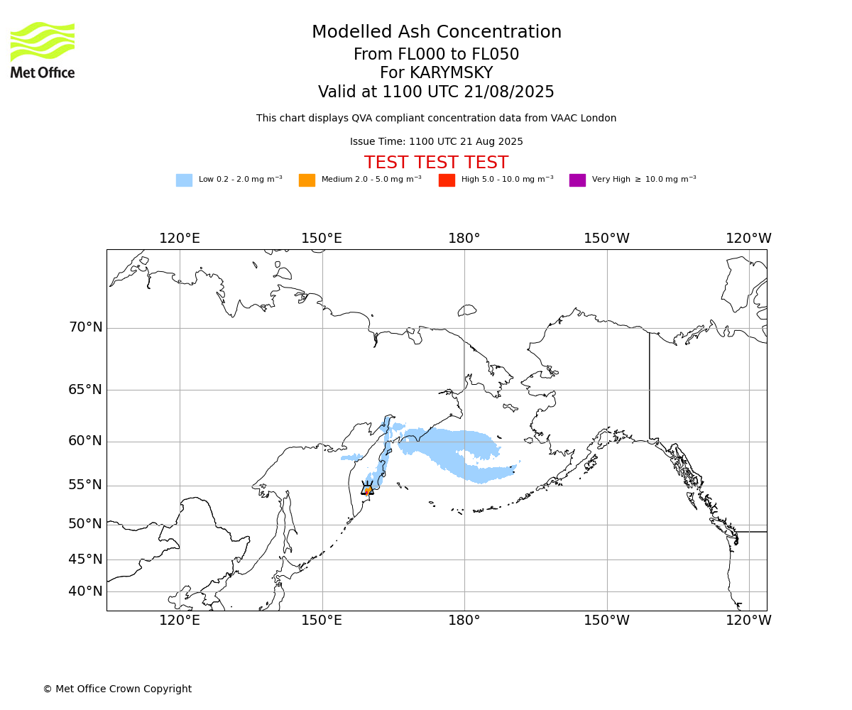 Modelled ash concentration from 000 to 050 for KARYMSKY. Valid at 1100 UTC 21/08/2025