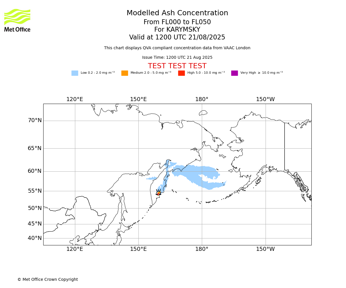 Modelled ash concentration from 000 to 050 for KARYMSKY. Valid at 1200 UTC 21/08/2025
