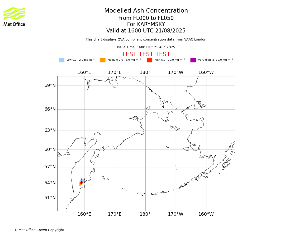 Modelled ash concentration from 000 to 050 for KARYMSKY. Valid at 1600 UTC 21/08/2025