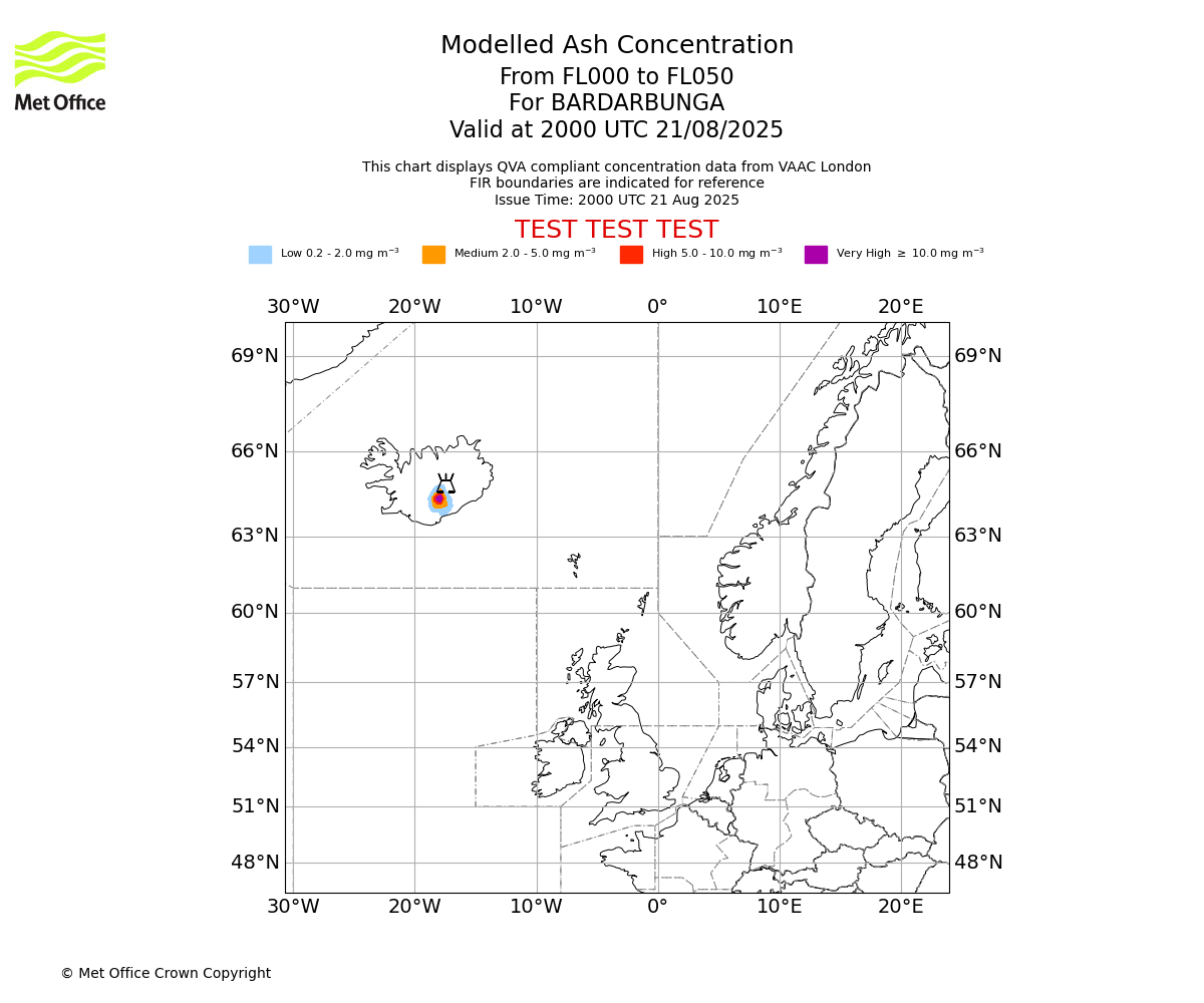 Modelled ash concentration from 000 to 050 for BARDARBUNGA. Valid at 2000 UTC 21/08/2025