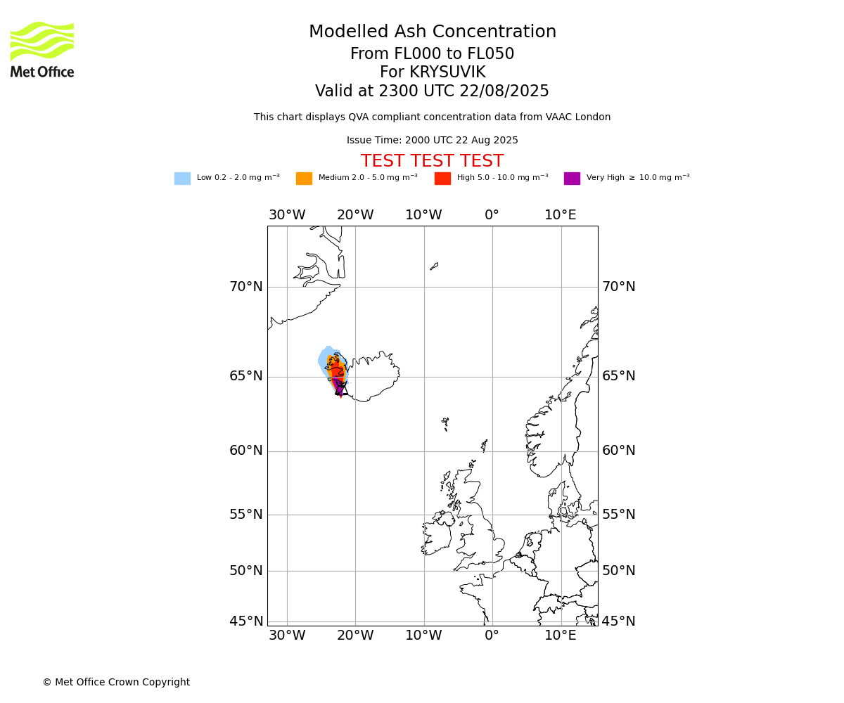 Modelled ash concentration from 000 to 050 for KRYSUVIK. Valid at 2300 UTC 22/08/2025