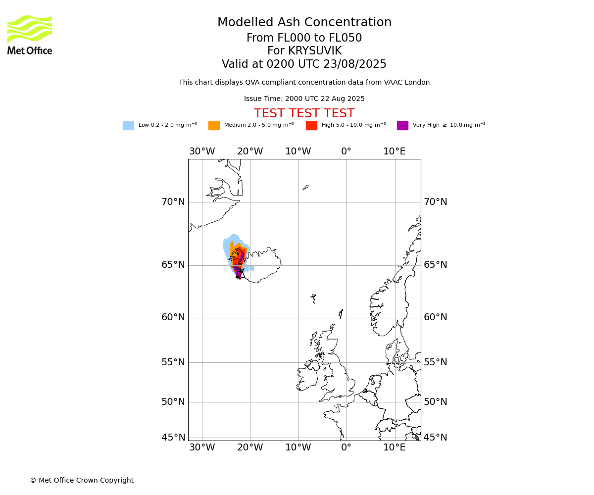Modelled ash concentration from 000 to 050 for KRYSUVIK. Valid at 0200 UTC 23/08/2025