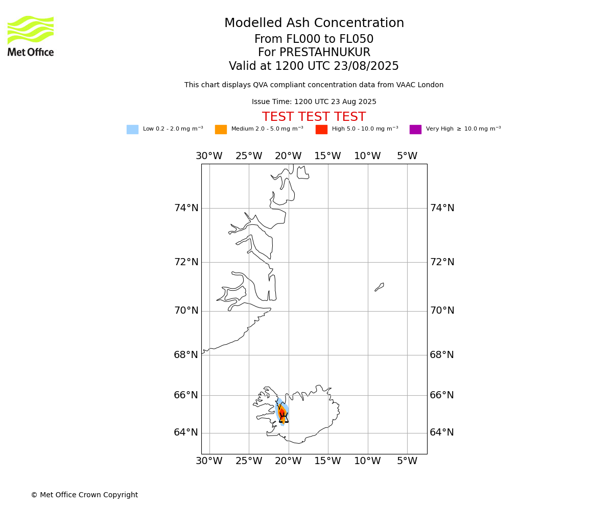 Modelled ash concentration from 000 to 050 for PRESTAHNUKUR. Valid at 1200 UTC 23/08/2025