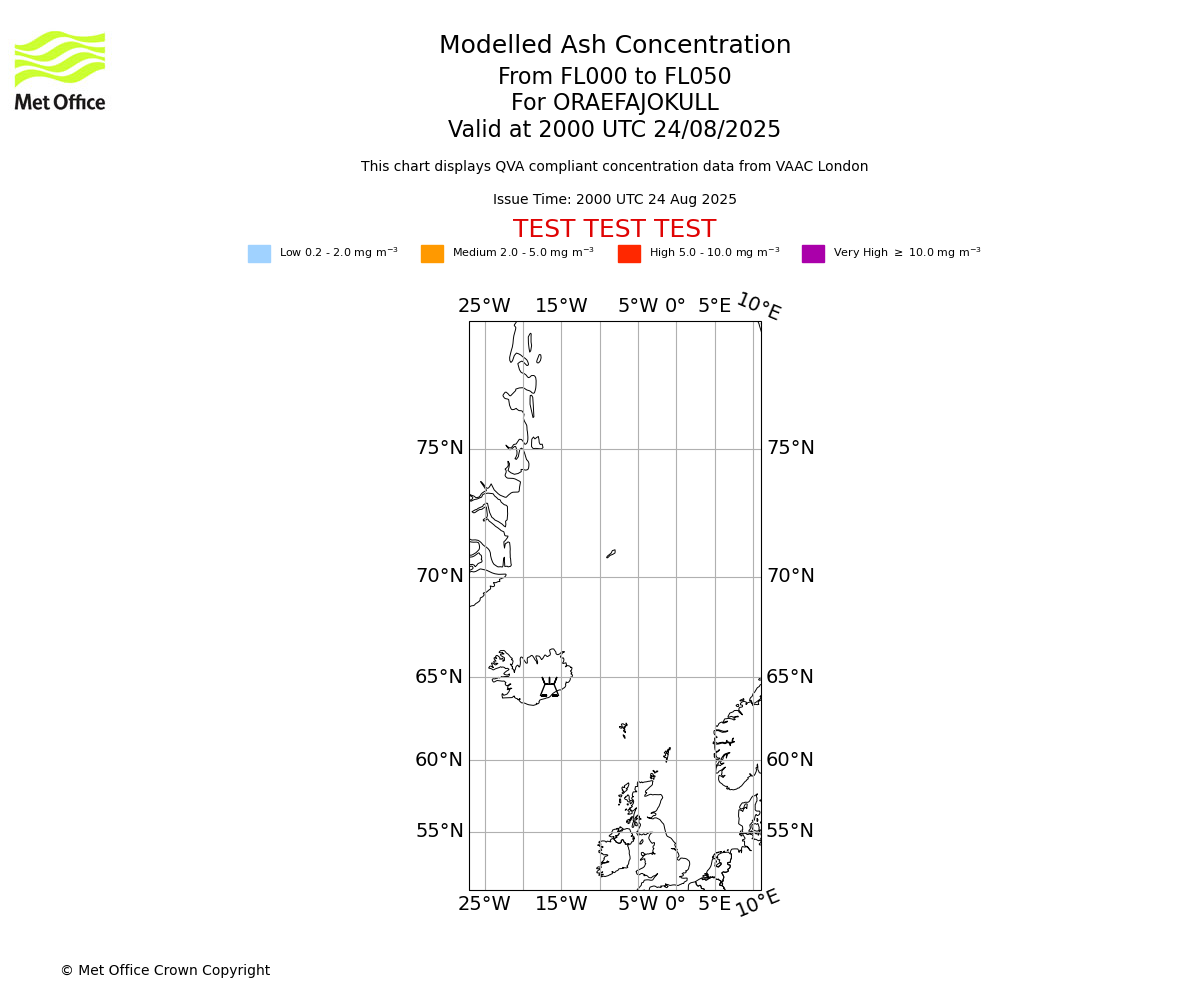 Modelled ash concentration from 000 to 050 for ORAEFAJOKULL. Valid at 2000 UTC 24/08/2025
