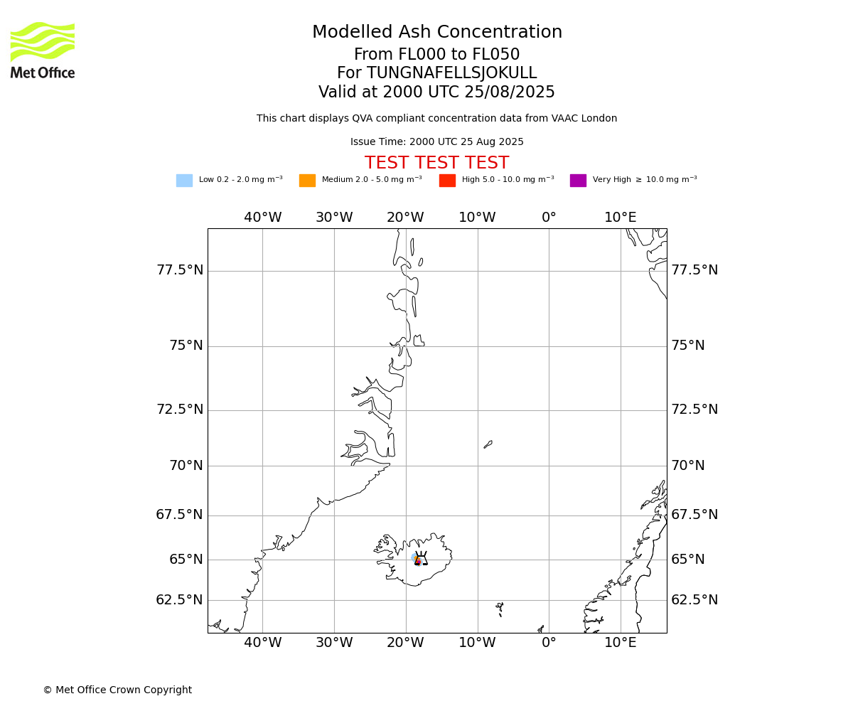 Modelled ash concentration from 000 to 050 for TUNGNAFELLSJOKULL. Valid at 2000 UTC 25/08/2025
