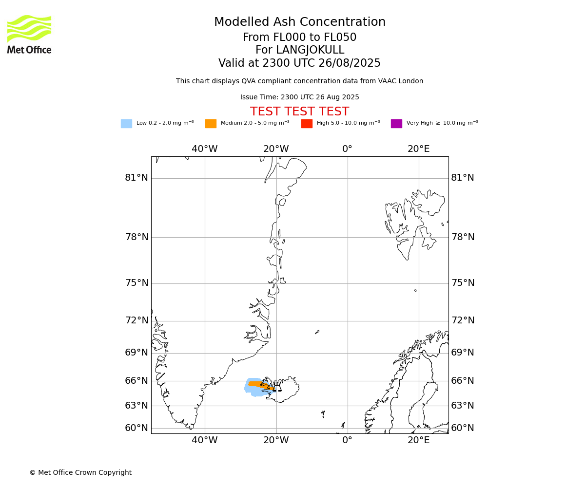 Modelled ash concentration from 000 to 050 for LANGJOKULL. Valid at 2300 UTC 26/08/2025