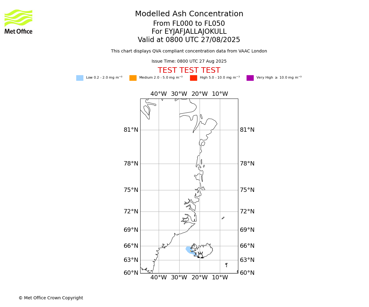 Modelled ash concentration from 000 to 050 for EYJAFJALLAJOKULL. Valid at 0800 UTC 27/08/2025