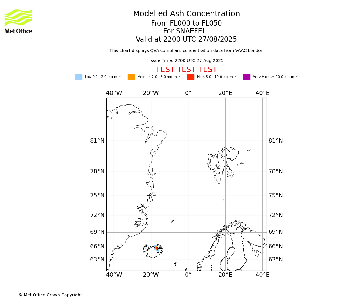 Modelled ash concentration from 000 to 050 for SNAEFELL. Valid at 2200 UTC 27/08/2025
